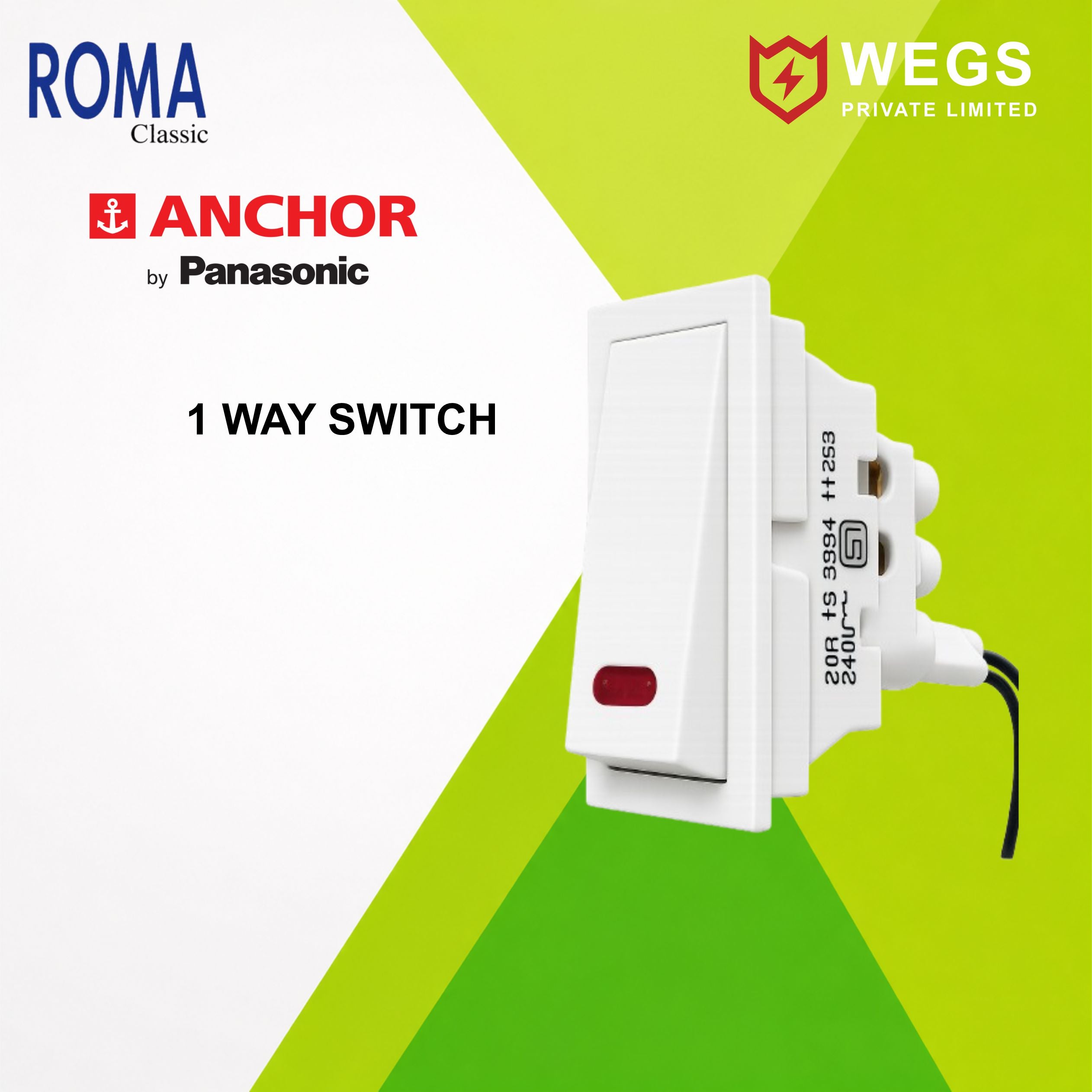 20A 1 WAY SWITCH WITH NEON 250W SABL LOAD
